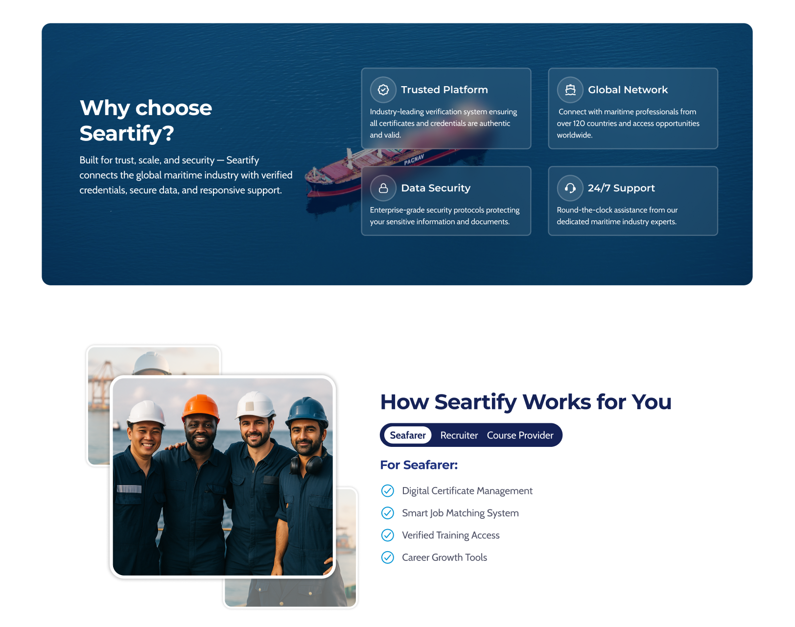 Benefits section highlighting key features and trust-building elements for maritime professionals